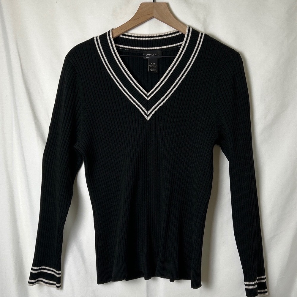 Lane Bryant Womans Ribbed V-Neck Sweater Black White Size 14/16 Preppy Classic